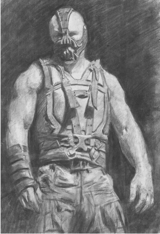 Graphite illustration of the masked villain Bane