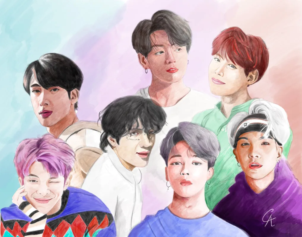 Colored pencil group portrait of seven band members