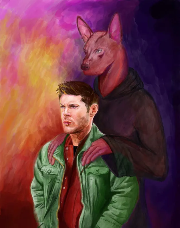 Painted illustration of a man with a hellhound looming behind him